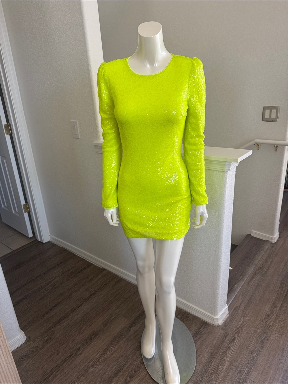 Just Me Neon Yellow Sequin Long Sleeve Dress